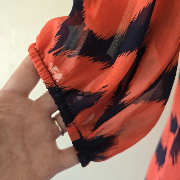 Orange Navy Blue Loose Fit Sheer Blouse Shortsleeve Puffy Sleeve Top Size 3X - Picture 5 of 10